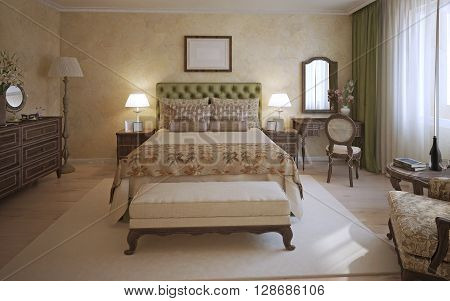 Master bedroom english style. A room with two-place bed olive headboard and dark oak furniture. Bench and white carpet in the middle of the room. 3D render