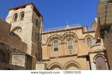 Main entrance of the Church of the Holy Sepulcher within the Christian Quarter in the Old City of Jerusalem Israel with copy space.  Also known as the Muristan.
