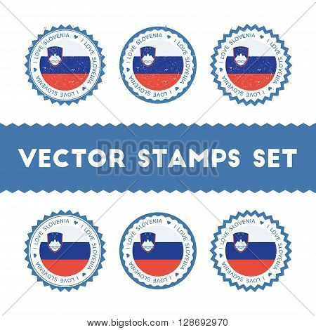 I Love Slovenia Vector Stamps Set. Retro Patriotic Country Flag Badges. National Flags Vintage Round