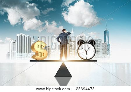 Business concept time is money. Businessman on scale making decisions between money and clock with New York city and sky in the background
