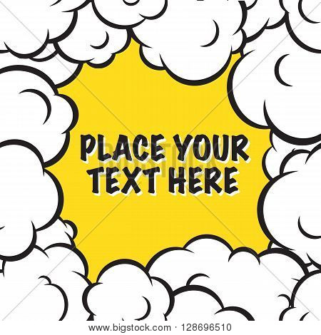 Cartoon pop art clouds frame vector background on yellow
