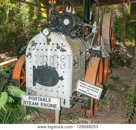MILLWOOD SOUTH AFRICA - MARCH 4 2016: A portable steam engine at the historic Bendigo gold mine at Church Millwood. All mining operations stopped in 1892