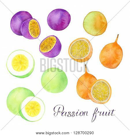 Passion fruit, granadilla or maracuya set. Hand drawn fruits - colorful different maracuyas or passiflora edulis with lettering. Real watercolor drawing.
