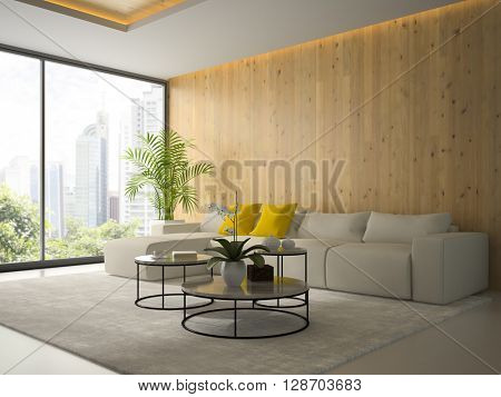 Interior of living room with tree coffee table 3D rendering 