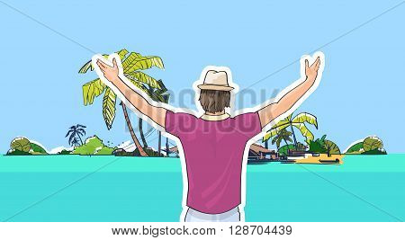 Happy Man In Hat On Beach Sea Shore Hands Up Rear View Tropical Summer Vacation Vector Illustration