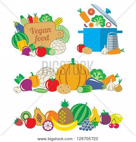 Still life and borders of vegetables and fruits illustration flat style