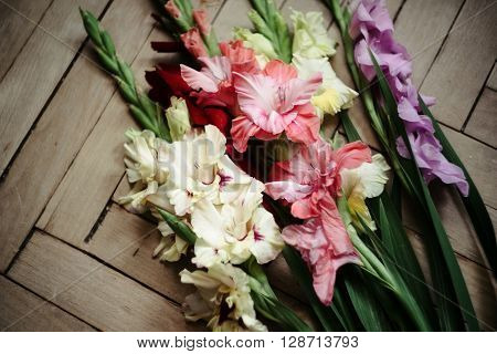 Beautiful Stylish Bouquet Of Colorful Gladioli On Wooden Rustic Background