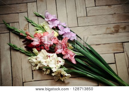 Beautiful Stylish Bouquet Of Colorful Gladioli On Wooden Rustic Background