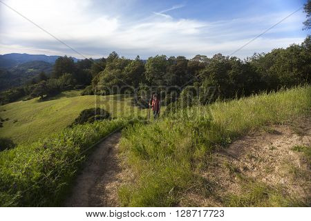 Man in red vest hiking in the green countryside of Sonoma County, California.
** Note: Soft Focus at 100%, best at smaller sizes