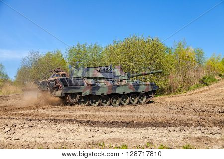 GRIMMEN / GERMANY - MAY 5: german leopard 1 a 5 tank drives on track on a motortechnic festival on may 5 2016 in Grimmen / Germany.