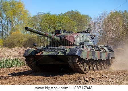 GRIMMEN / GERMANY - MAY 5: german leopard 1 a 5 tank drives on track on a motortechnic festival on may 5 2016 in Grimmen / Germany.
