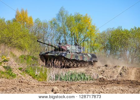 GRIMMEN / GERMANY - MAY 5: german leopard 1 a 5 tank drives on track on a motortechnic festival on may 5 2016 in Grimmen / Germany.