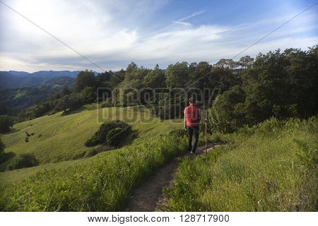 Man in red vest hiking in the green countryside of Sonoma County, California.