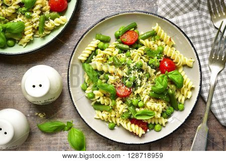 Pasta Primavera On A Vintage Plates.