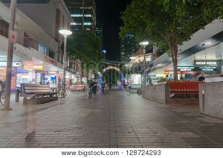 Brisbane, Australia - April 26, 2016: In city at night Brisbane street at night  Queen Street mall with shop front lights