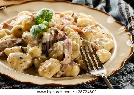 Potato Gnocchi, Italian Potato Dumplings With Cheese Sauce, Ham