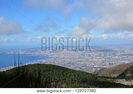 view the Naples city from the hill vesivius volcano in south Italy