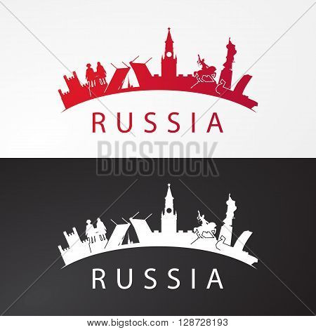 Modern concept Travel to Russia. Russia famous places in one icon. Landmarks of Moscow, Saint petersburg, Ufa, Vladivostok, Kaliningrad, Ekaterinburg and Samara. Vector russia travel logo