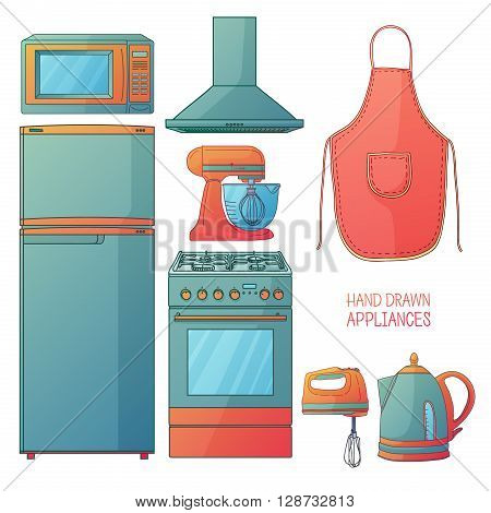 Set of kitchen tools. Kitchen household furniture in a cartoon style. Silhouette of kitchen tools and accessories. Appliances for kitchen interior. Vector illustration