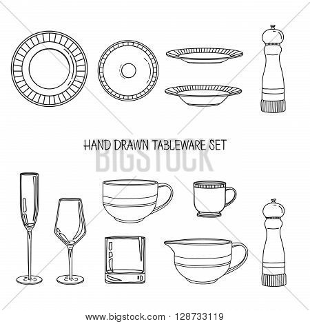 Kitchen utensil set. A set kitchenware. Kitchen utensils in hand drawn style. Kitchen dishes. Kitchen utensils for serving. Silhouettes of kitchen dishes. Vector illustration