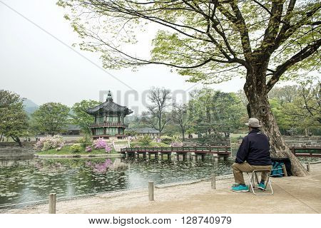 Seoul, South Korea - April 22, 2016: April 22, 2016 Hyangwonjeong Hexagonal Pavilion Of Gyeongbokgun