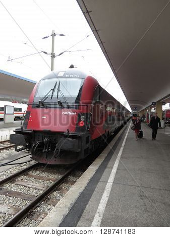 VIENNA AUSTRIA - CIRCA MAY 2014: A train on railroad railway for mass transit public transport