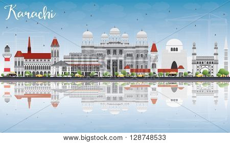 Karachi Skyline with Gray Landmarks, Blue Sky and Reflections. Business Travel and Tourism Concept with Historic Buildings. Image for Presentation Banner Placard and Web Site.