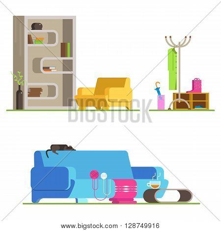 Set of detailed interior room flat. Interior living room and hallway: couch coffee table bookshelves armchair ball of wool clothes shoes umbrella . Vector illustration detailed interior room.