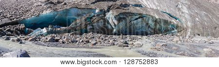 Close view of melting ice at end of Morteratsch glacier Canton of grisons. Switzerland.