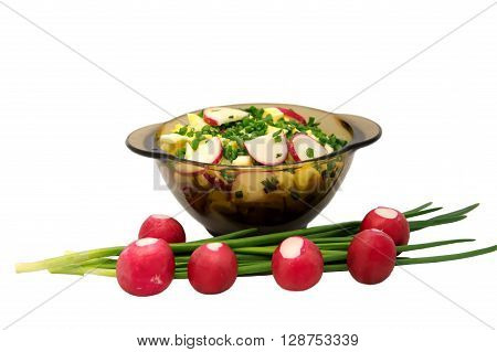 Spring salad with radish and eggs in the plate isolated