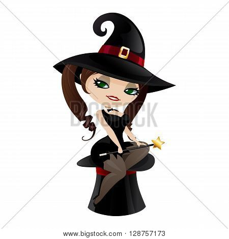 Witch isolated on white background. Cute girl witch in a cartoon style. Vector illustration.