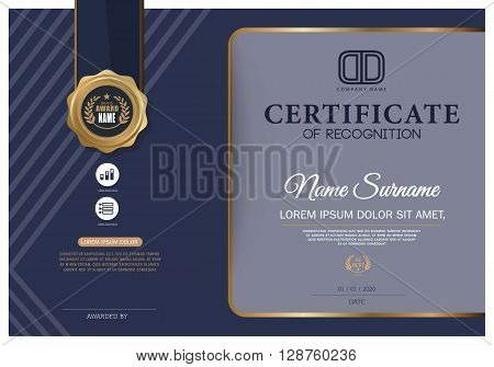 Dark blue Certificate Vector certificate template.Gold Design Template.