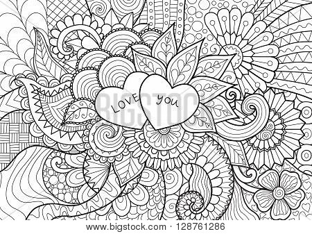 Two hearts laying on flowers for coloring book for adult, cards and other decorations