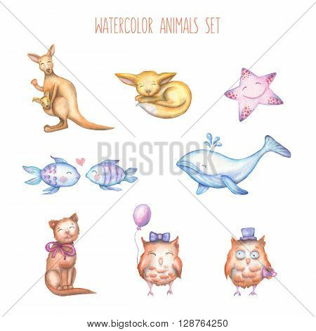 Watercolor set of cute hand drawn animals in cartoon style. Kangaroo, fox, fenek, starfish, fishes whale, cat, owls. Illustration in high resolution. Design elements for greetings cards, prints, posters.
