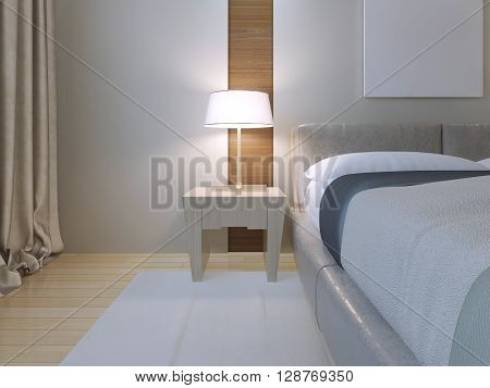 Bedroom minimalist style. Spacious room with double bed of lether white walls with niche and white carpet on light wood parquet flooring. Light Bedside table with lamp. 3D render