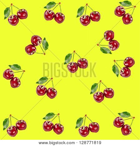 Vector illustration. Cherry low poly seamless pattern. Picture with polygonal berry on the yellow background.