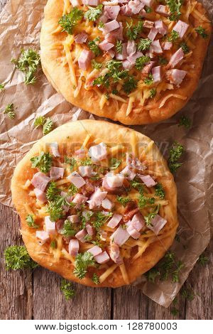 Homemade Hungarian Langos With Ham And Cheese Close-up. Vertical Top View