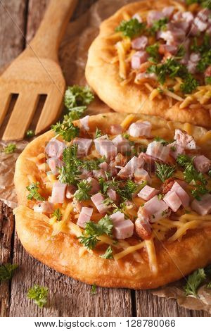 Homemade Hungarian Langos With Ham And Cheese Close-up. Vertical