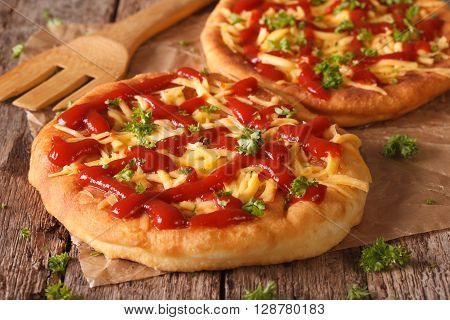 Hungarian Food: Langos With Cheese And Ketchup Close-up. Horizontal