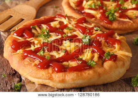 Hungarian Deep Fried Fast Food Langos With Cheese And Ketchup Close-up. Horizontal