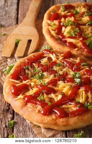 Tasty Langos With Cheese And Ketchup Close-up. Vertical