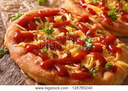 Hot Langos Fried With Cheese And Ketchup Macro. Horizontal