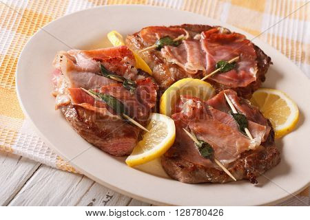 Italian Saltimbocca Veal With Sage, Ham And Lemon. Horizontal