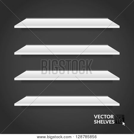 Vector set of white shelves on a dark gray background.