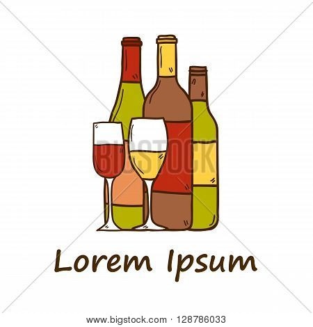 Wine concept with bottles and glasses in hand drawn style
