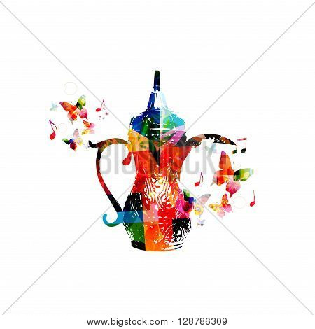 Vector illustration of colorful Arabic coffee pot  with butterflies