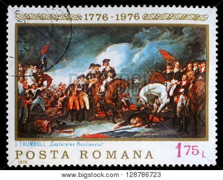 ZAGREB, CROATIA - JULY 18: a stamp printed in the Romania shows The Capture of the Hessians, Painting by John Trumbull, American Bicentennial, circa 1976, on July 18, 2012, Zagreb, Croatia