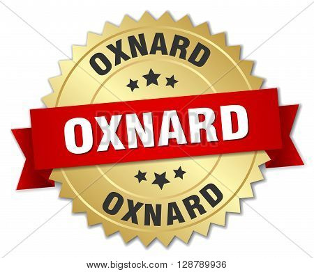 Oxnard round golden badge with red ribbon