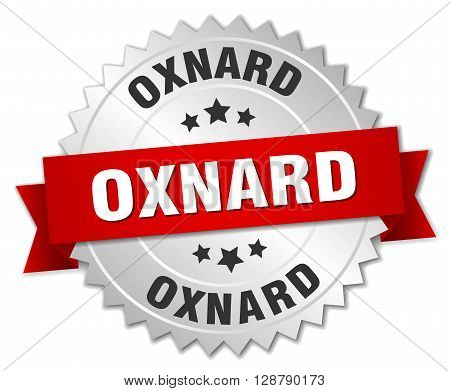 Oxnard round silver badge with red ribbon