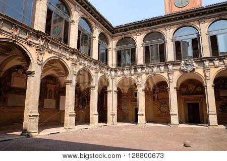 BOLOGNA, ITALY - JUNE 04: External atrium of Archiginnasio, on June 04, 2015